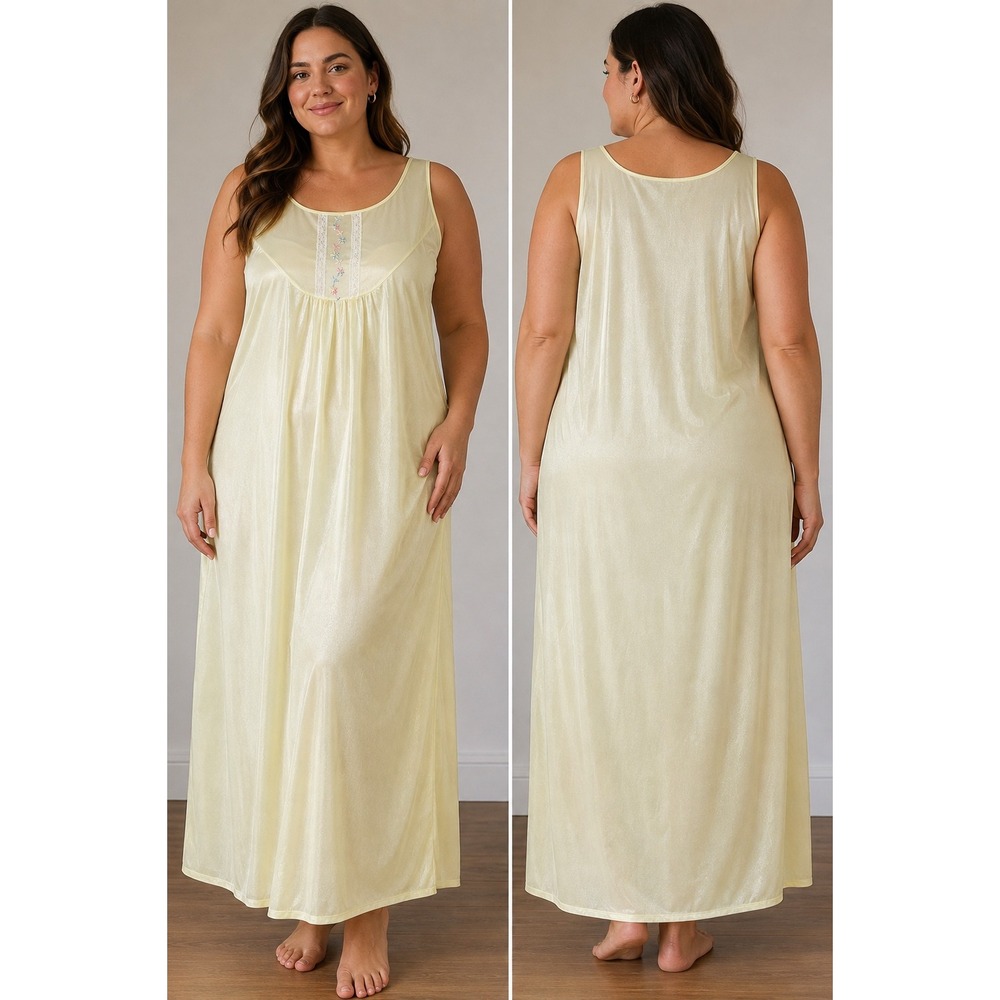Vintage 70's Sears Nightgown Yellow Embroidered Lace Sleeveless Maxi Size Large